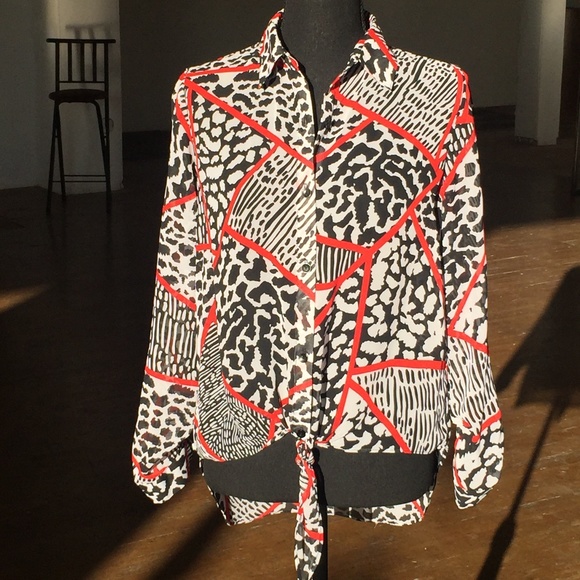 Zac and Rachel red black and white animal print button blouse - Picture 2 of 4